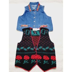 Vtg Components By Susan Bristol Knit Wool Vest 1988 + Haiks Denim Vest Set Sz S